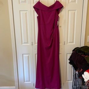 Fuchsia off the shoulder gown w/deep V back